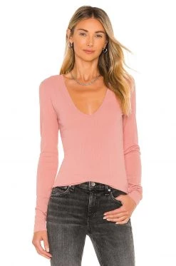 Rag & Bone Zoe Deep Vee Long Sleeve Top In Mauve Dot